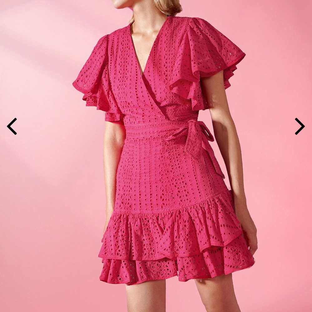 Set of 2PC: Saturday Club Set cutwork embroidery skirt and top, size S, Fuchsia